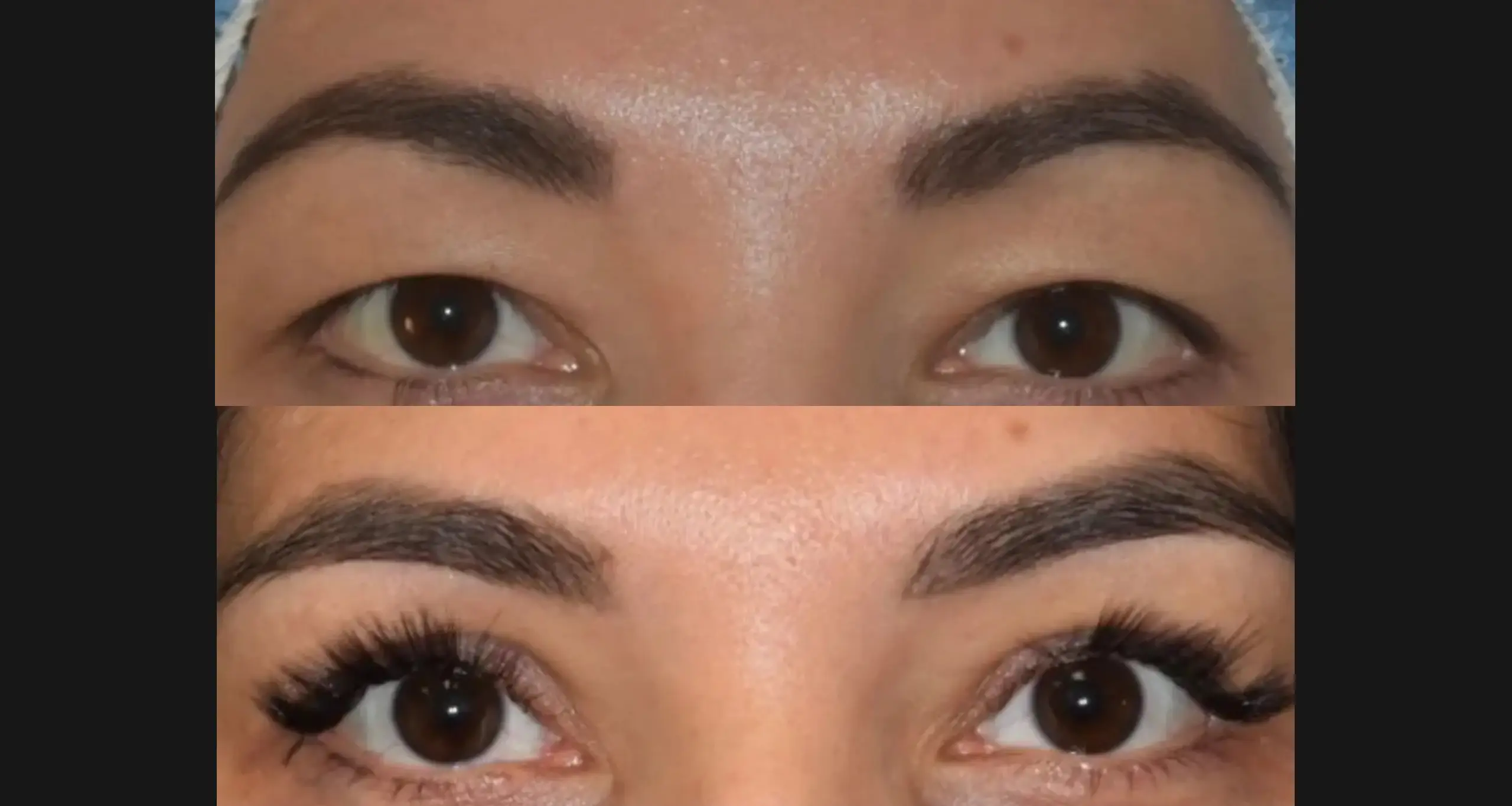 Image comparison showcasing the transformation of eyebrows. The top section displays natural eyebrows without enhancement, while the bottom section features enhanced eyebrows with makeup. Both sets of eyes are brown, highlighting the difference in appearance due to the makeup application. This visual illustrates the impact of eyebrow styling on overall facial aesthetics, emphasizing the significance of makeup techniques in enhancing features.